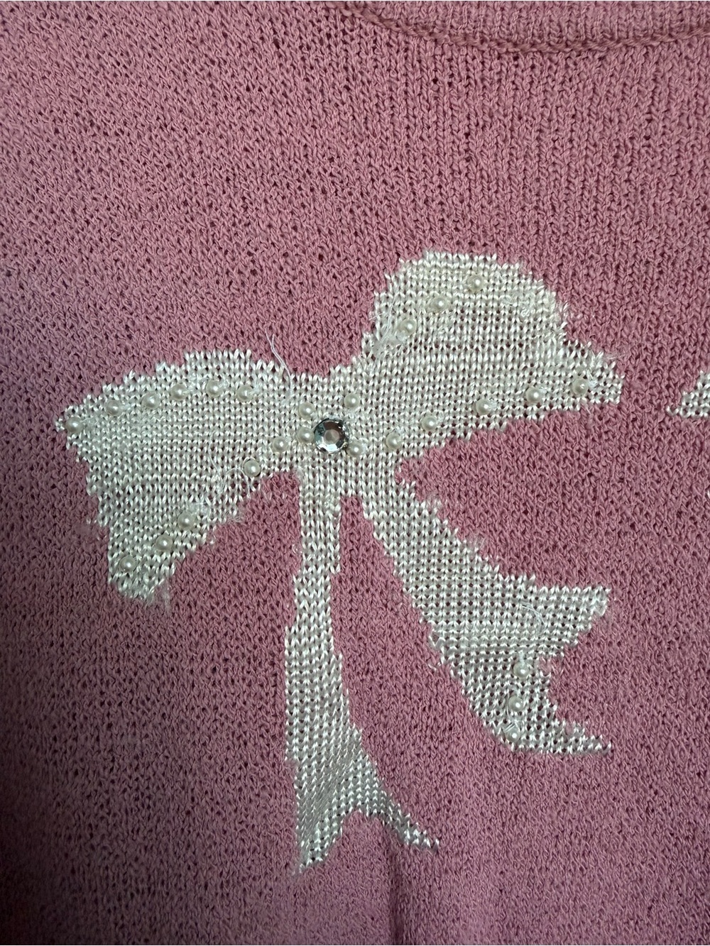 TanJay Vintage Pink Bow Knit Sweater Coquette Pearl Cottagecore Sz L AS IS - Picture 5 of 13